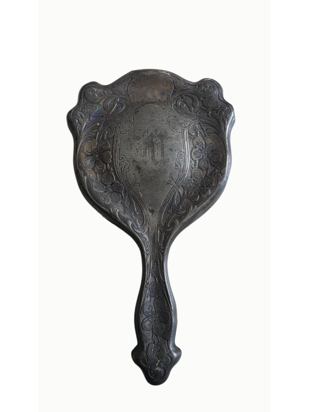 Antique Art Nouveau Hand Mirror Floral Beveled Glass Silver Tone c1900
